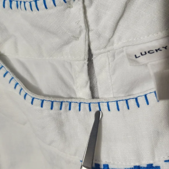 Lucky Brand 100% Linen Halter Dress Size M Embroidered White And Blue - Picture 16 of 16